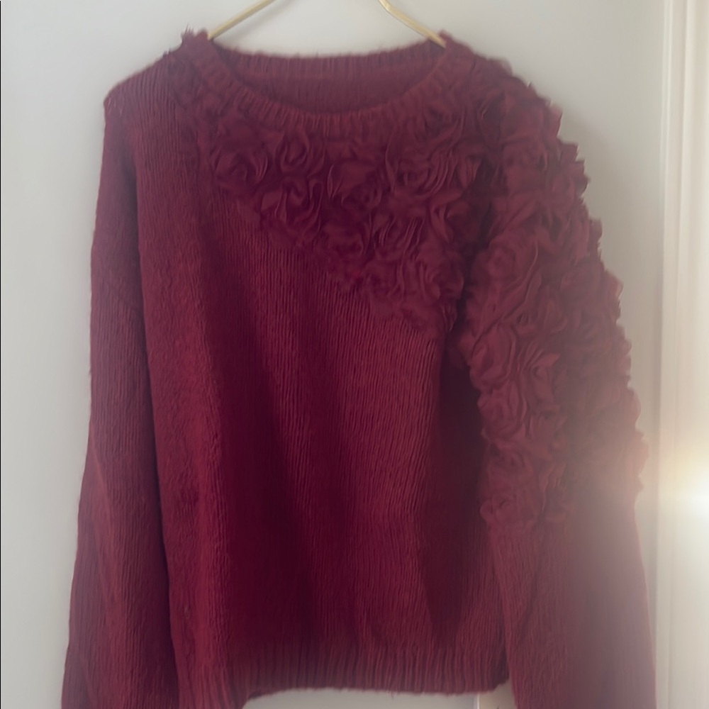 Commense Deep Red Sweater with Textured Floral Design
